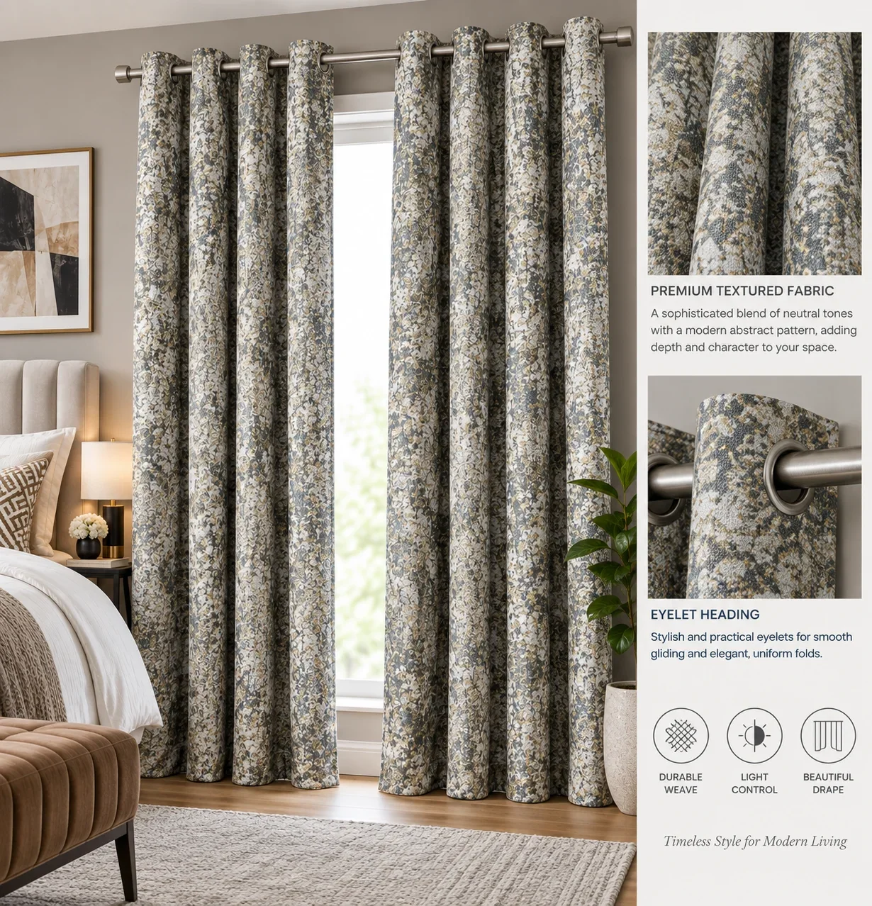 Grey & Beige Textured Print Blackout Curtains