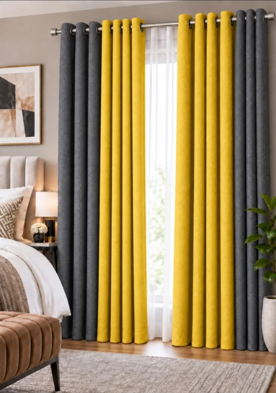 Mustard yellow and charcoal grey eyelet curtain panels paired with a white sheer curtain in a bedroom